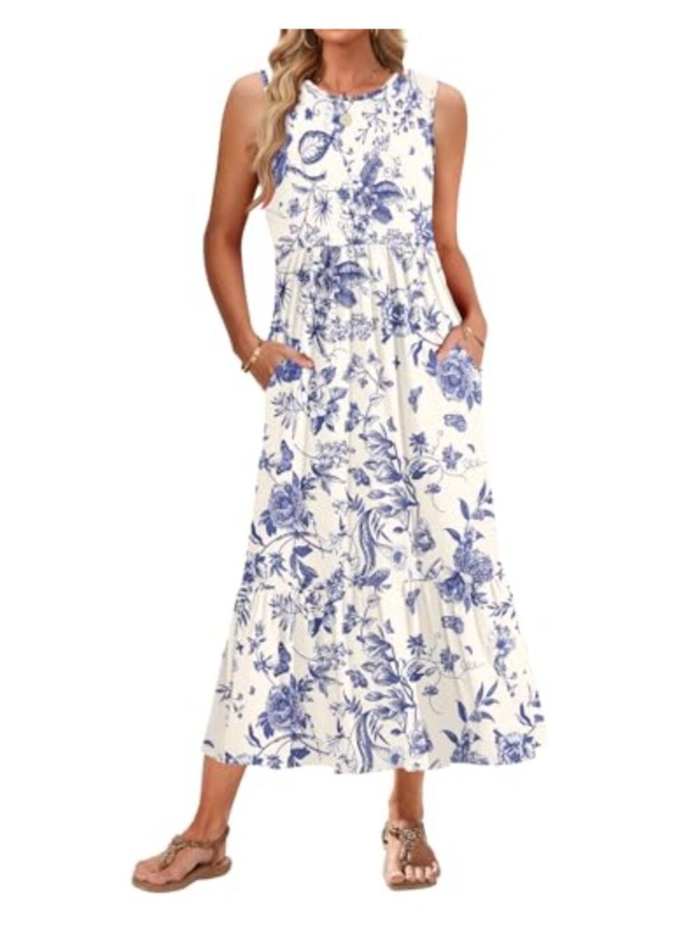 WNEEDU Sleeveless Maxi Dress with Pockets Casual Empire Waist Flowy Tiered